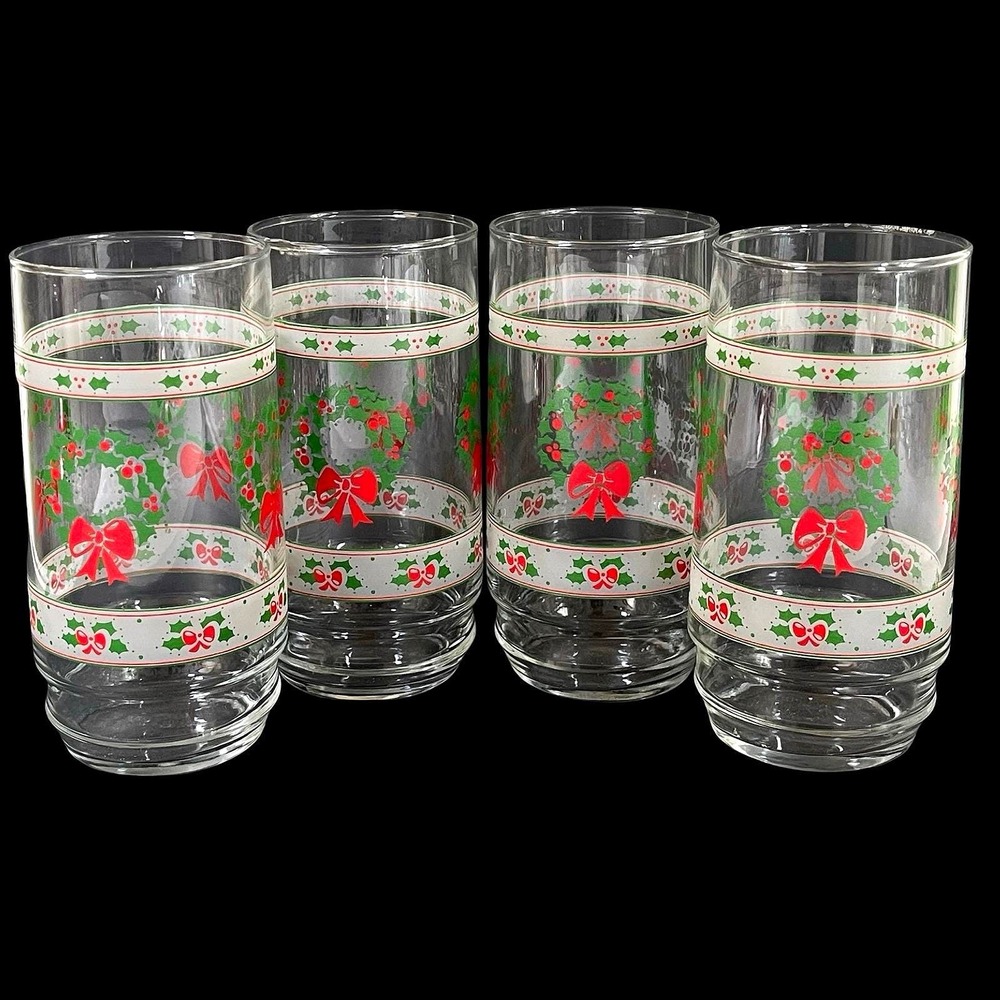 Vintage Libbey Christmas Wreath Holly Glass Tumblers 4 Red Green Ribbed Base